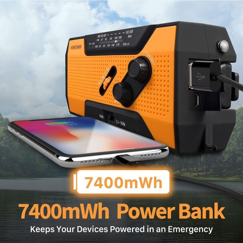 FosPower NOAA Emergency Weather Radio - Portable AM/FM Radio with USB/Solar/Hand Crank Charging | SOS Alarm & Flashlight - Orange