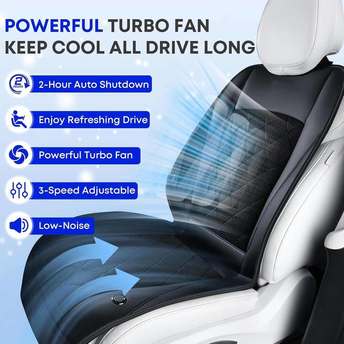 [2026 Upgrade] Cooling Car Seat Cover Ventilated Seat Cushion Summer Driving 12V-24V Ventilated Car Seat Cushion with 2 Powerful Turbo Fans with 3-Speed Adjustable Universal Fit Most Car-Slight Black