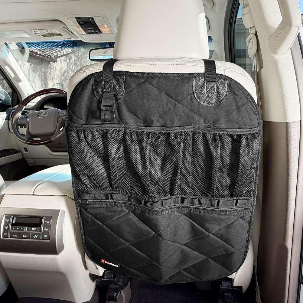 4Knines Car Seat Back Organizer – Heavy-Duty Kick Mat, Mesh Pockets, Black