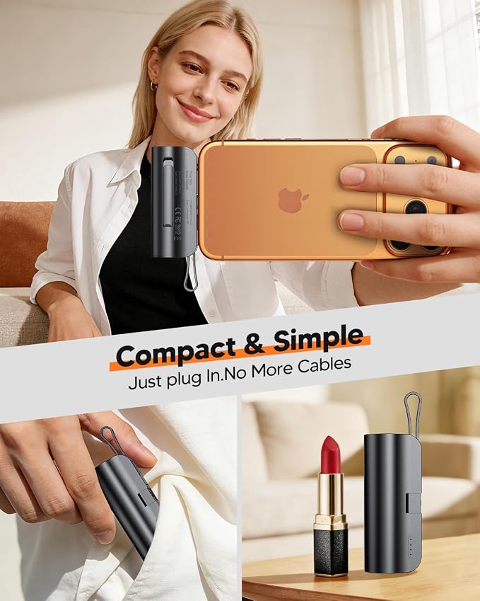 5000mAh Mini Portable Charger with Built-in Type C Connector & Cables,5V 2.4A USB-C Small Power Bank,2 Output Flashlight External Battery Pack Compatible with iPhone 17-12 Pro Galaxy,iPad (Black)