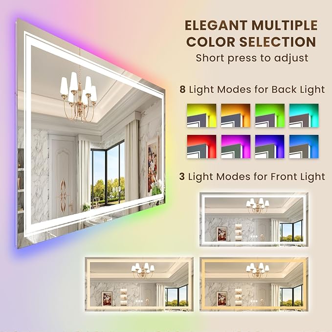 WTTY LED Bathroom Mirror 60"x28" with RGB Backlit and Front Light,Stepless Dimmable LED Mirror for Bathroom,Lighted Bathroom Vanity Mirror,Anti-Fog,Memory Function,Shatter-Proof,Wall Mounted