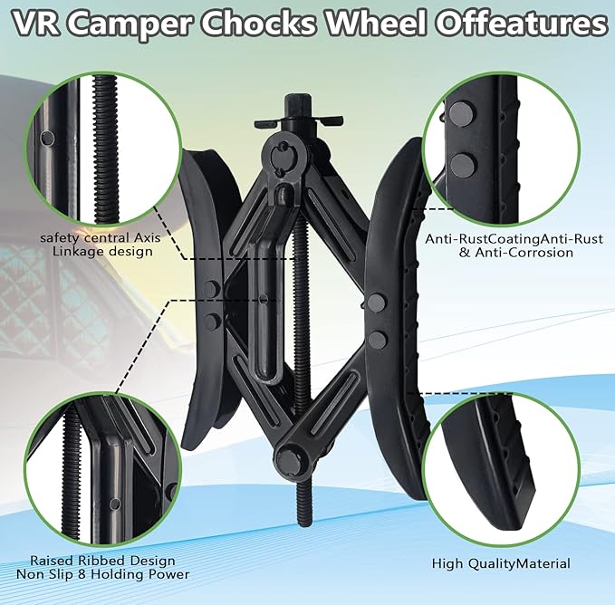 Camper Wheel Chock Stabilizer, RV X Chocks Wheel Stabilizer, Wheel Chock Scissor 2 Sets Tire Locking Chocks Accessories with Ratchet,hex Socket, Tool Kit, Gloves (Black)
