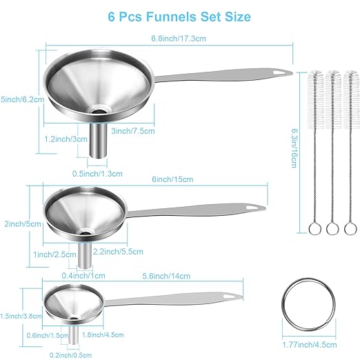 Large Small Funnel Set of 3, Food Grade Mini Funnels for Kitchen Use Filling Bottles Liquor Flask Tiny Spice Cooking Powder, 7Pcs Metal Stainless Steel Funnel Long Handle, 3Pcs Cleaning Brushes VOPTON