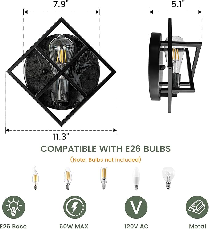 Black Wall Sconces,11.3in Rustic Wall Sconces Mount Lamp Indoor for Living Room Bedroom Bathroom Stairway(E26 Base, Bulbs Not Include 1Pack) Gray Marble Texture Metal