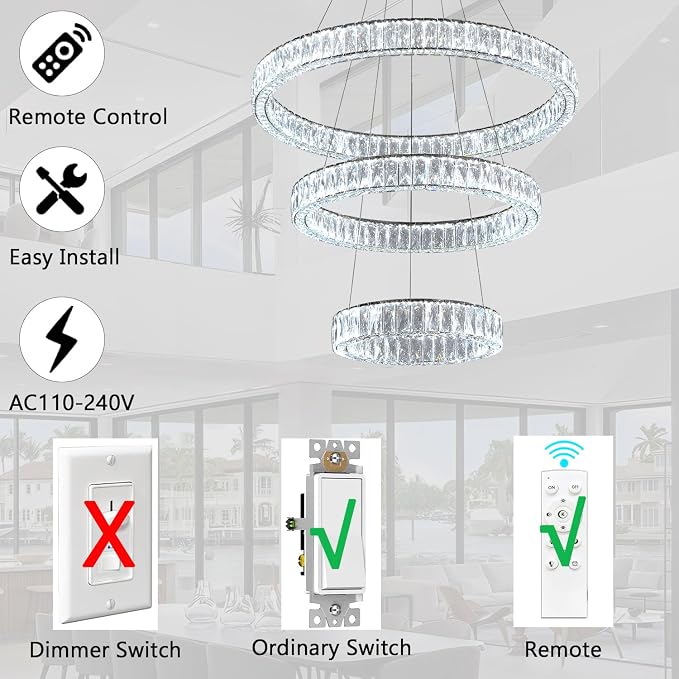 HAIXIANG Modern Glam Chandelier Crystal LED Remote Rings Chandelier Adjustable