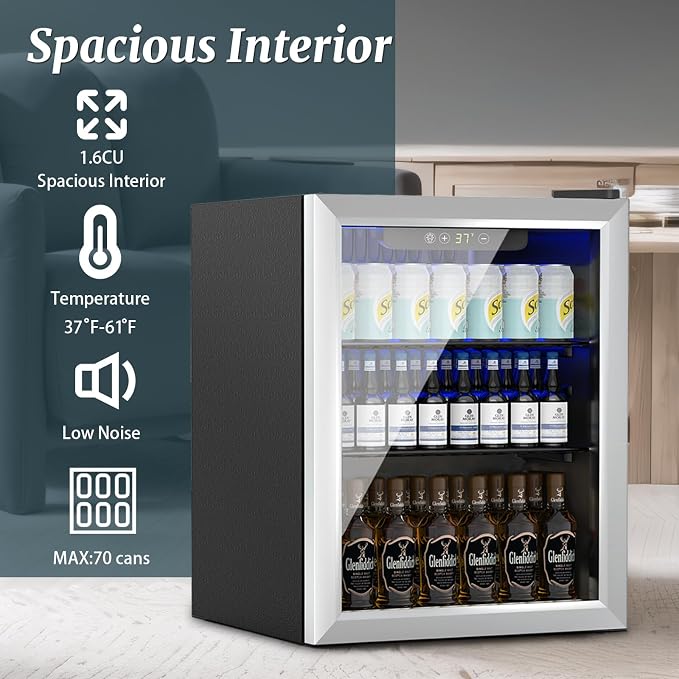 DOGHLY 1.7 Cu.ft Mini Fridge Glass Door, 72 Cans Beverage Refrigerator | Drink Fridge for Soda Beer Wine, Digital Temperature Control, Removable Shelf, Quiet Beverage Cooler for Office, Dorm, Bar