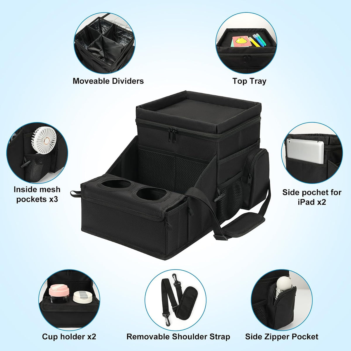 COOLBEBE Car Seat Organizer, Backseat Car Organizer with Cup Holders for Kids and Adults Travel, Cooler Compartment Passenger Seat Organizer Storage Box for Front or Middle Seat, Black