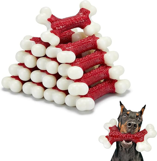 10-Pack Indestructible Dog Toys for Aggressive Chewers: Beef Flavored Hard Nylon Bone Chew Toys, Tough Dog Chew Toys for Large Dogs, Dog Toys to Keep Them Busy for Medium Large Breed, Red
