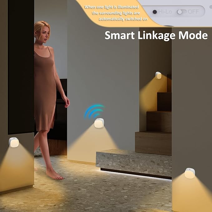 Motion Sensor Night Light Rechargeable - Wireless LED Safety Lights with 6-Month Battery Life, Link Mode Technology, 3000K Warm White for Stair, Hallway, Bedroom Safety (1 Pack)