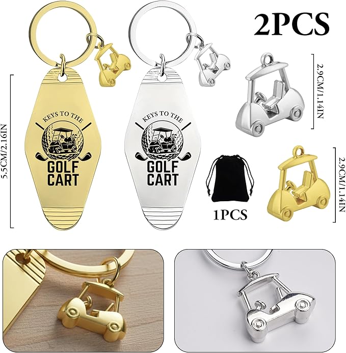 2pcs Golf Cart Keychain for Golfer, Retro Metal Car Accessories, Funny Golf Birthday Gifts Key Ring for Men Father Husband