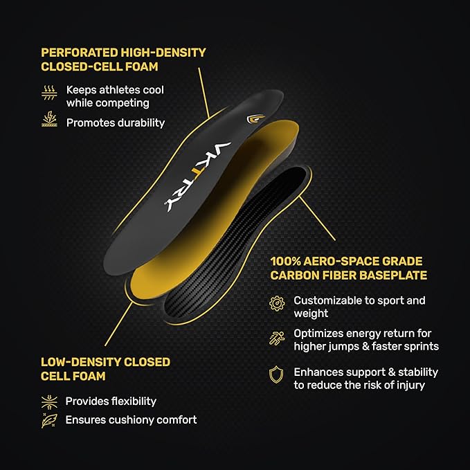 VKTRY Gold for Cleated Shoes - Carbon Fiber Performance Insoles Customized Athletic Inserts for Football, Baseball, Soccer, Golf, Lax & More | Run Fast, Jump High, US M5-5.5, W7-7.5, <120lb