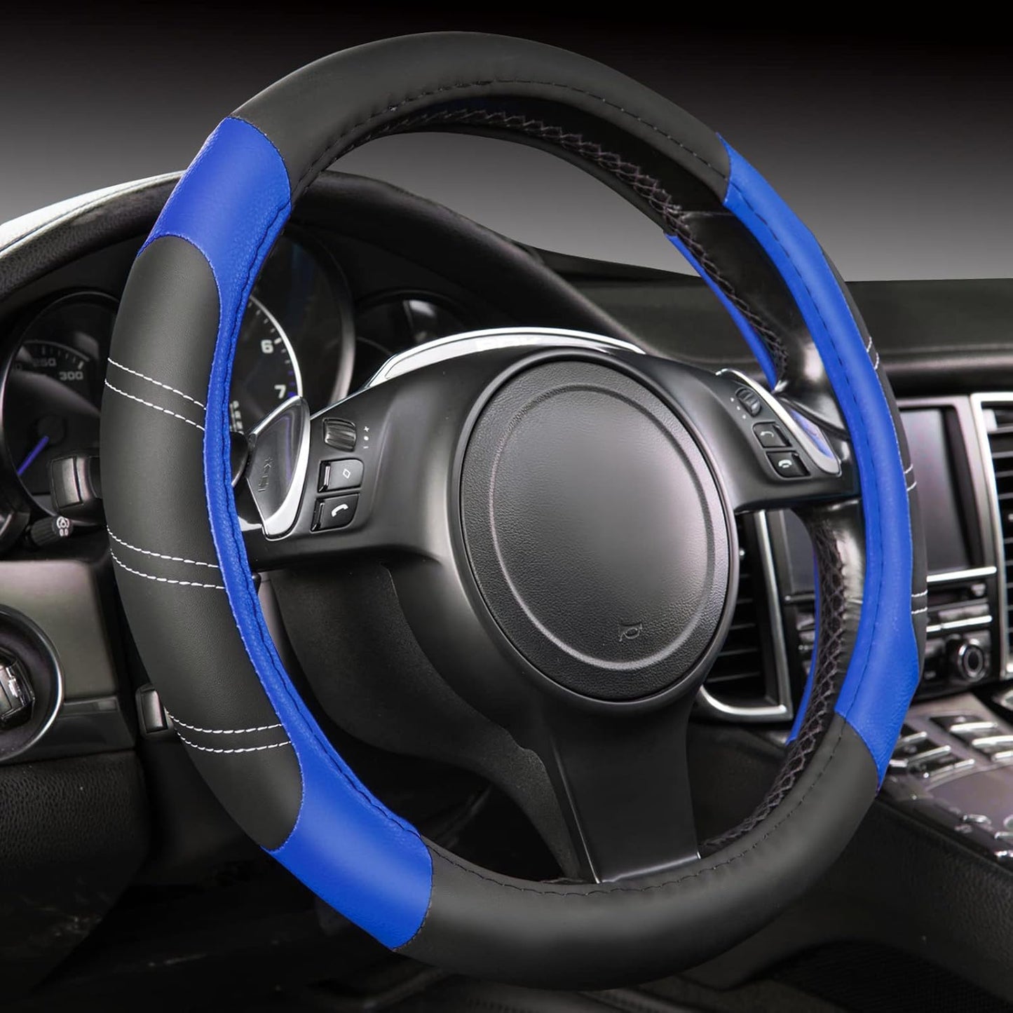 CAR PASS Line Rider Microfiber 15.5-16 Inch Leather Sporty Steering Wheel Cover Universal Fits for Truck SUV Cars Pick up, Anti-Slip Safety Comfortable Design (Black and Blue)