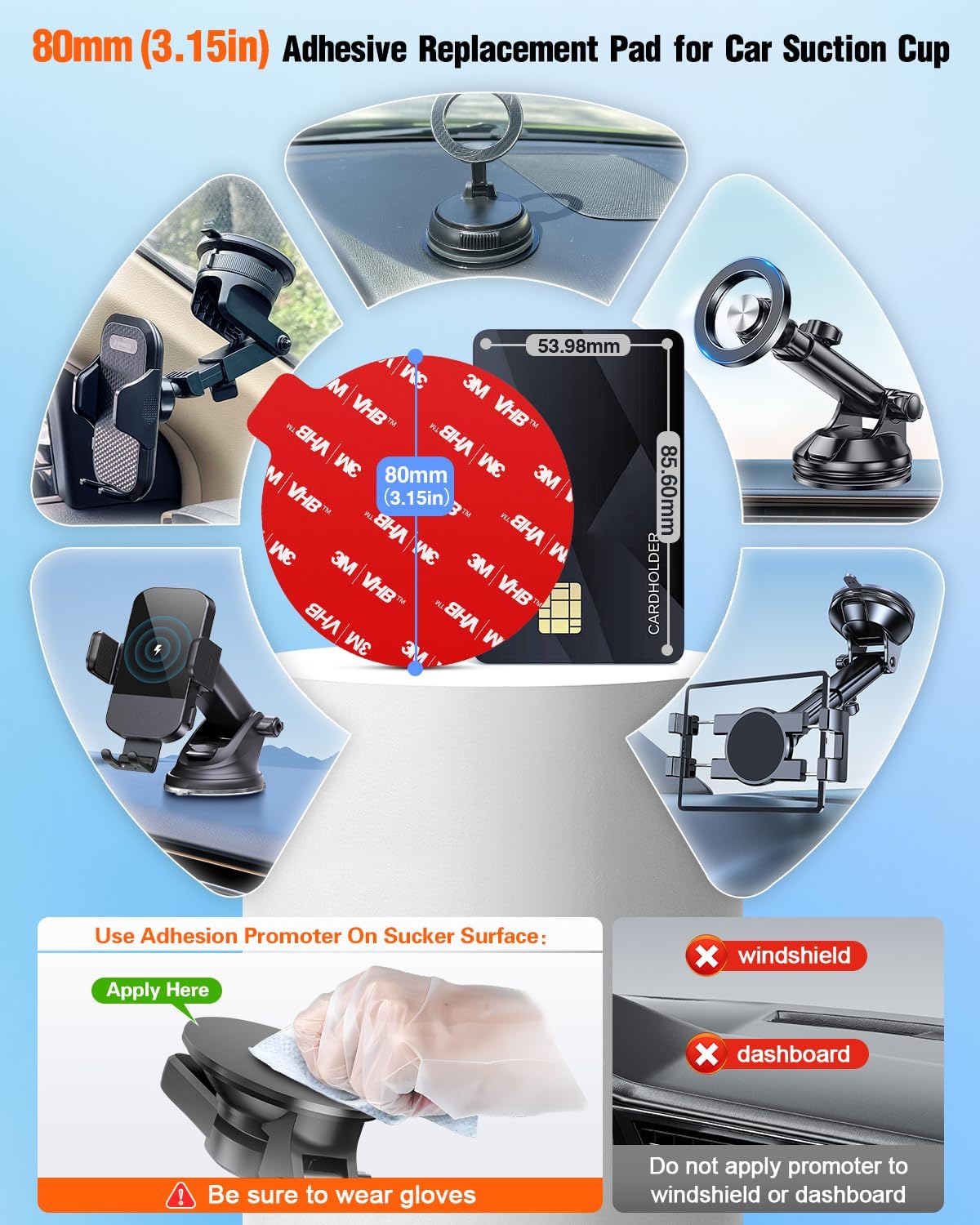 Sticky Adhesive Pad for Suction Cup: 6Pcs 3.15" Heat Resistant Double Sided Tape Replacement for Dashboard Car Mount, 80mm Round Sticker for Dash Windshield Phone Holder with Adhesion Promoter