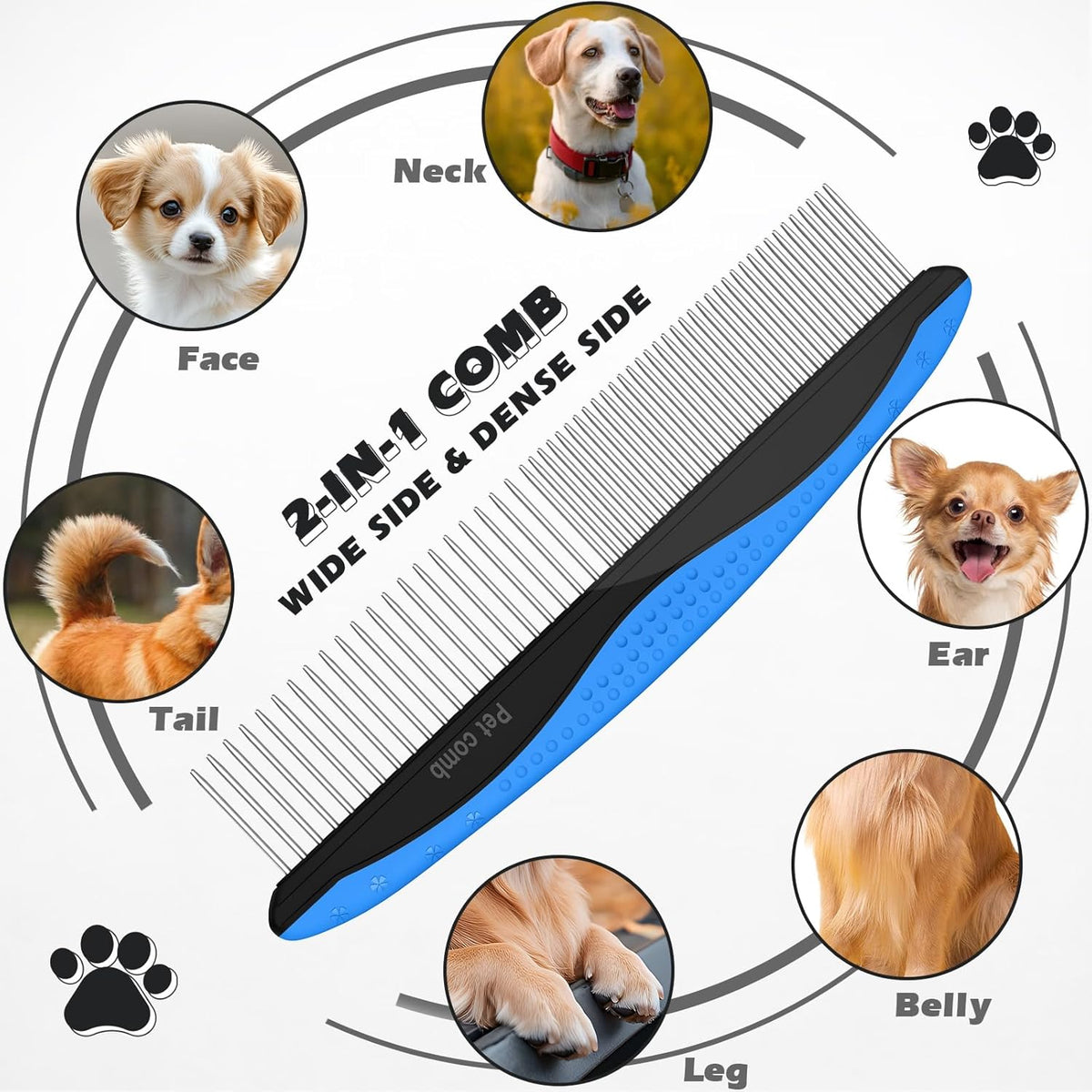 Skiennix Pet Grooming Set - 3PCS Double-Sided Rake, Metal Comb & Flea Comb for Cats & Dogs | Extra-Wide Deshedding Tool (Blue)