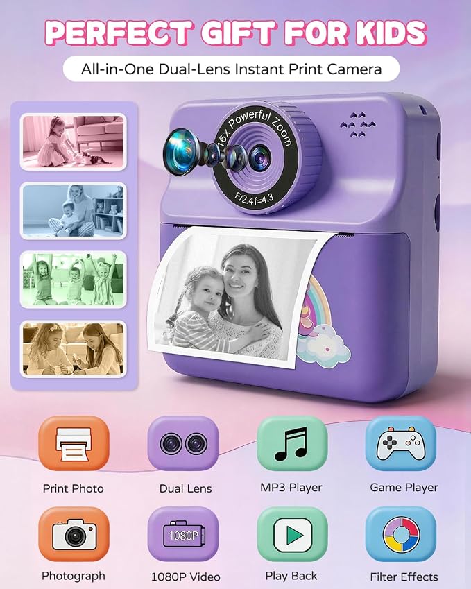 Kids Camera Instant Print with Carrying Case, Digital Selfie Camera with 6