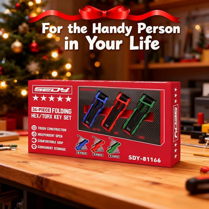 34-Piece Large Folding Hex Key Set, SAE Hex (3/32"-1/2"), Metric Hex (1.5-12mm) & Torx (T9–T55), 3-in-1 Heavy Duty Allen Key Set for Archery, Bike Repair, Furniture & Home Maintenance