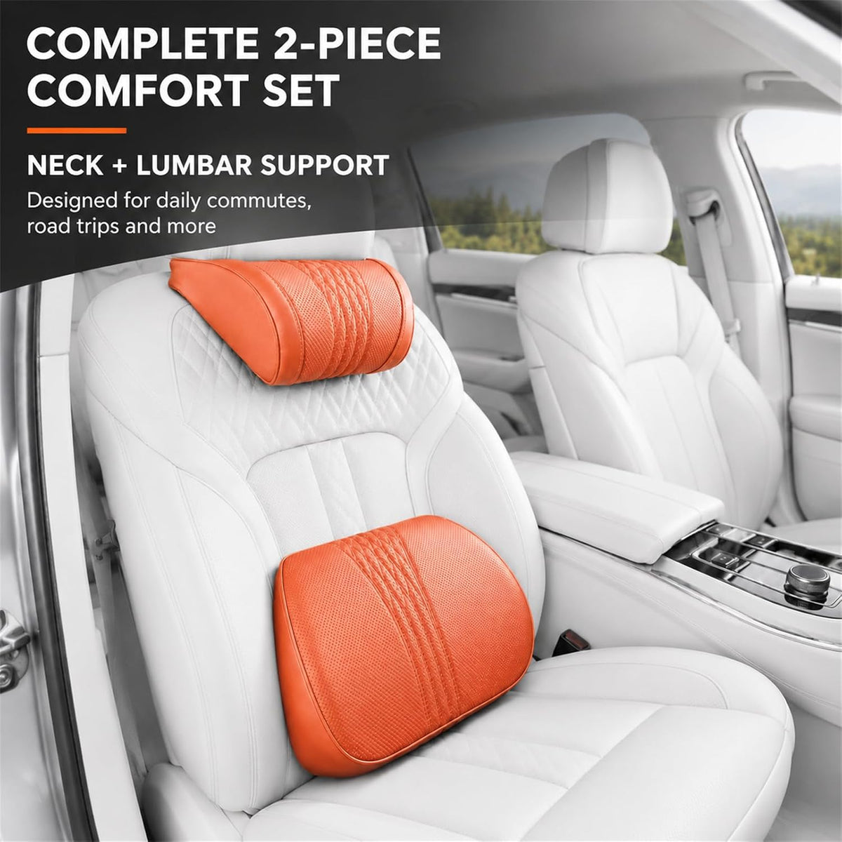 Universal Memory Foam Car Headrest Neck Pillow and Lumbar Support Pillow Set Ergonomic 2 Piece Car Seat Back Cushion with Breathable PU Leather Adjustable Straps for Driving SUVs Trucks，Brown