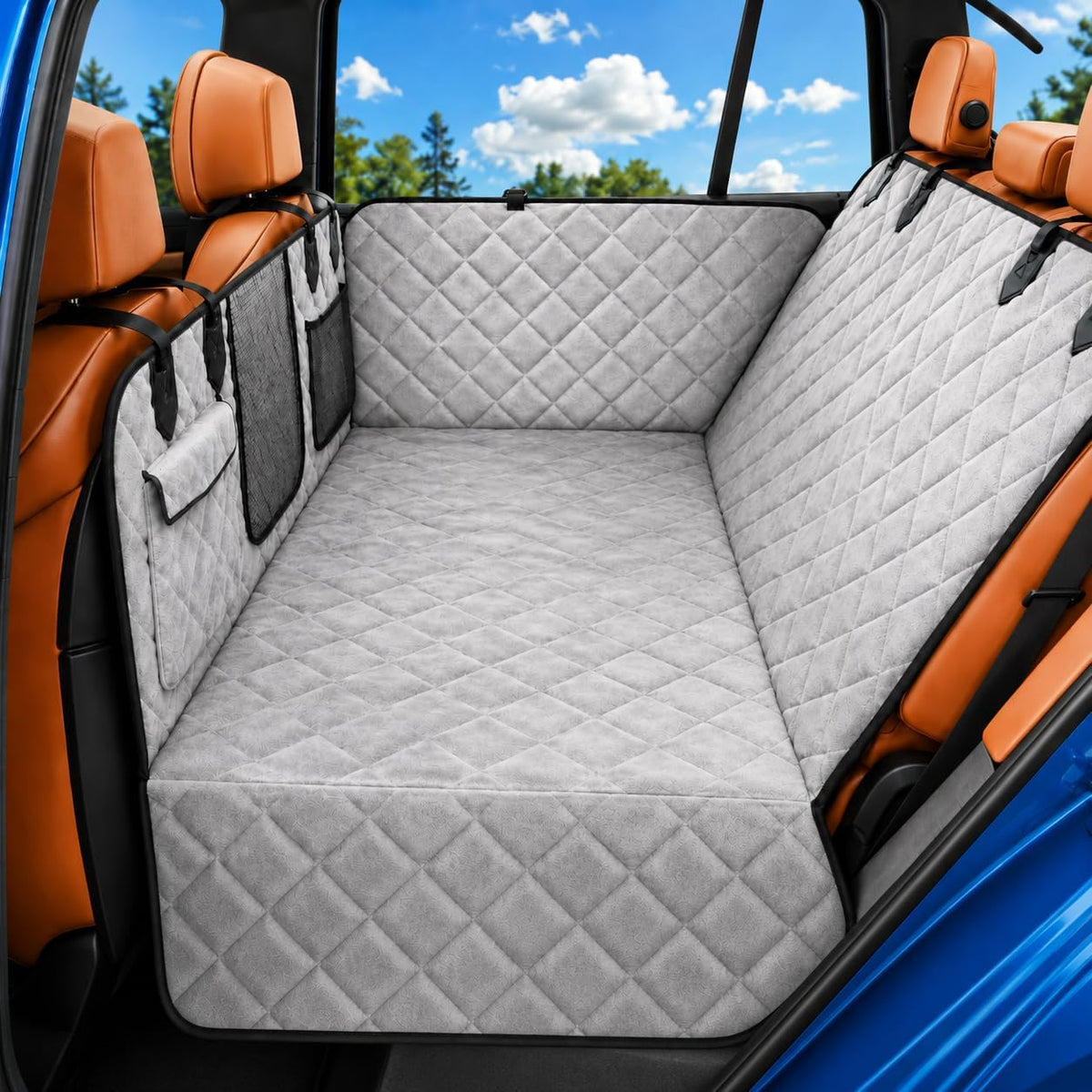 IJVAE Hard Bottom Car Seat Cover for Dog swith Removable Soft Blankets,Scratch-Proof and Anti-Slip Car Dog Hammock for Large Dogs White for Car, SUV