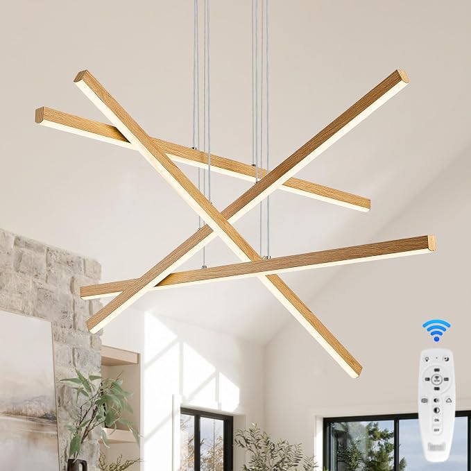 Linear Pendant Light Mdoern LED Chandelier 32" Boho Oak Wood Painted Ceiling