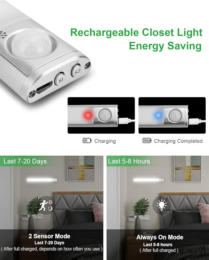 Under Cabinet Lighting 80 LED Closet Light, Motion Sensor lights Indoor USB Rechargeable Dimmable Stick-on Night Light Bar for Kitchen, Wardrobe, Garage, Stairs, Bedroom (1 Pack)