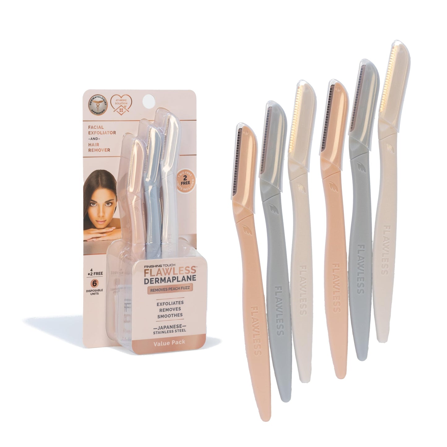Finishing Touch Flawless Dermaplane Facial Exfoliator And Hair Remover, Facial Hair Removal For Women, 6 Count