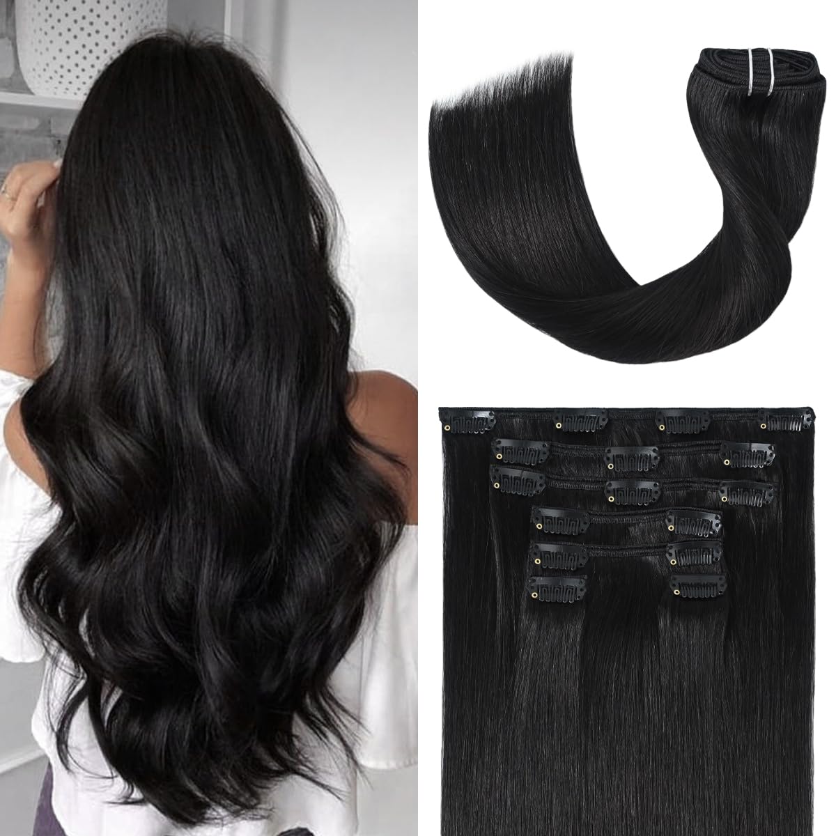 Ugotrays Black Hair Extensions Clip In Real Human Hair 70G 18 Inches 100% Remy Human Hair Natural Black Straight Double Weft For