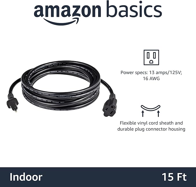 Amazon Basics Extension Cord, 13 Amps, 125V, 15 Foot, Black - Pack of 2