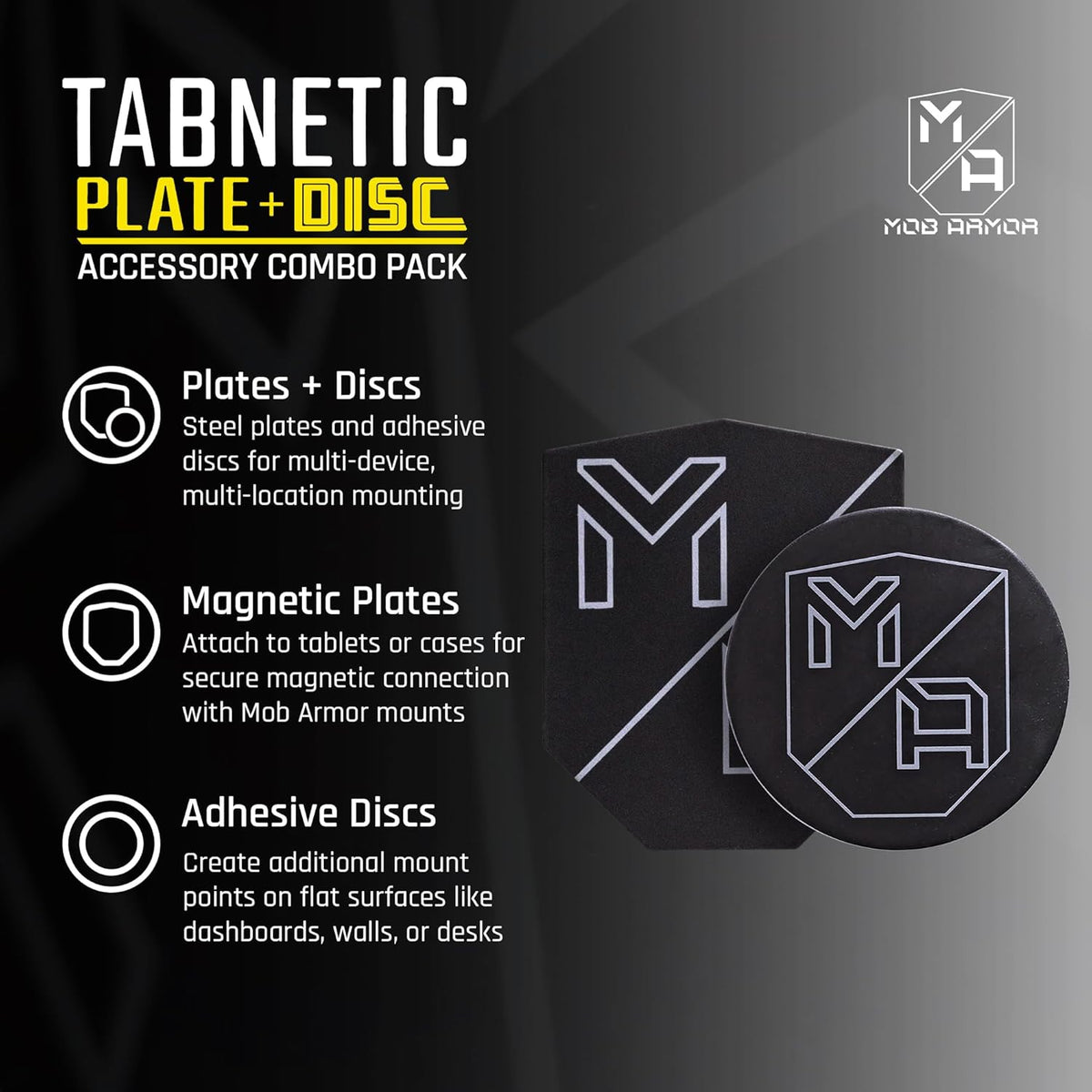 Mob Armor TabNetic Combo Pack - Magnetic Tablet Mounting Solution with Heavy Duty Metal Plate, Adjustable Mounting Disc and Strong 3M VHB Non-Marking Adhesive Magnet Stickers for Car Tablet Mount