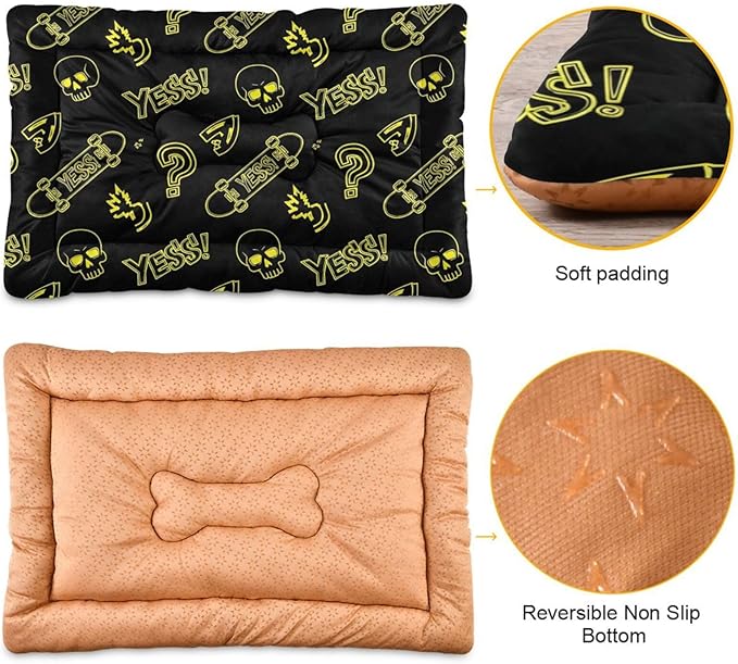 Emelivor Skateboard Skull Black Dog Cat Bed Washable Crate Pet Bed Anti-Slip Rectangle Comfortable Kennel Pads for Small Medium Large Dogs Cats, 24x18in