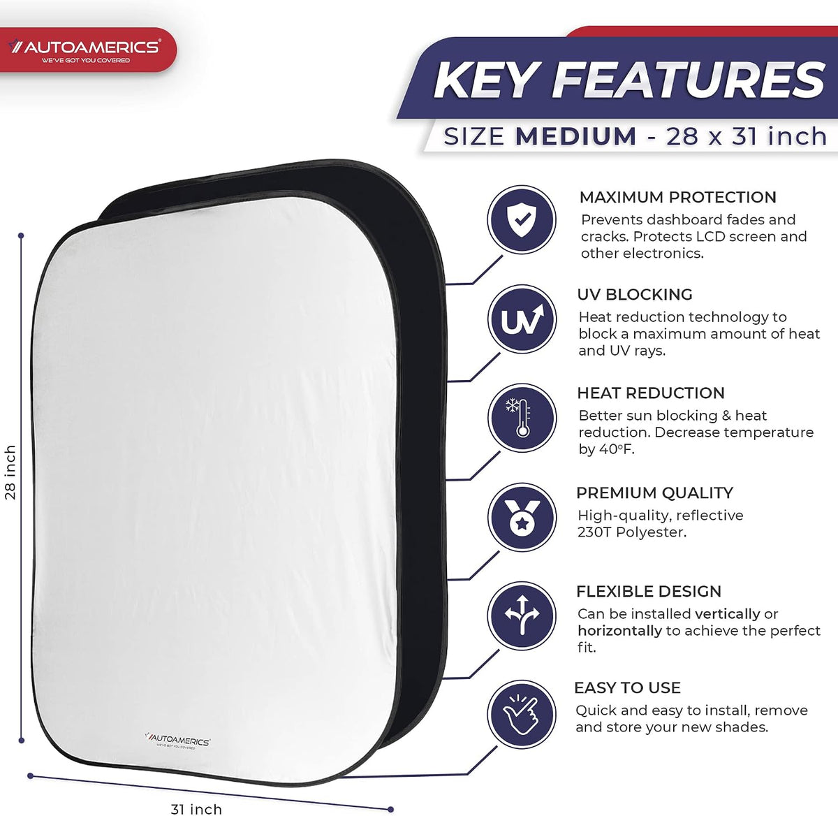 Autoamerics Windshield Sun Shade 2-Piece Foldable Car Front Window Sunshade for Most Sedans SUV Truck - Auto Sun Blocker Visor Protector Blocks Max UV Rays and Keeps Your Vehicle Cool - Medium Fit
