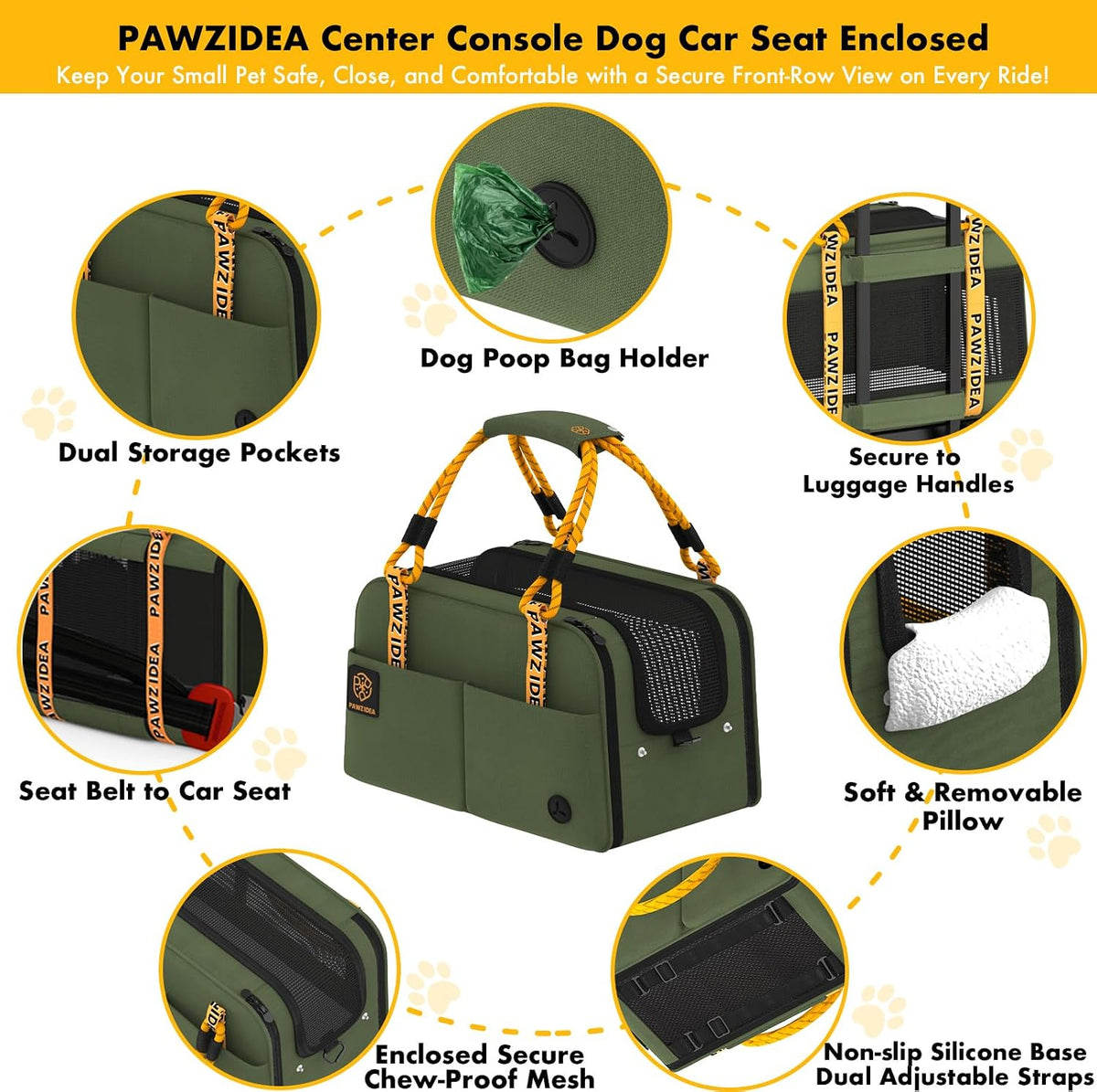 PAWZIDEA Center Console Dog Car Seat, Enclosed Small Dog Armrest Booster Carseat, Secure Straps &Anti Slip, Portable TSA Approved Puppy Pet Carrier Soft-Sided, Removable Pillow Storage Pocket, up 12lb