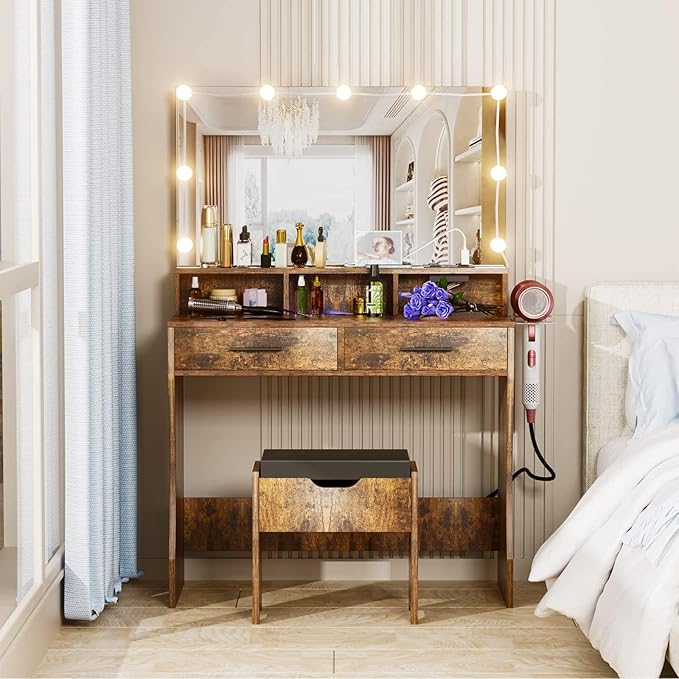 Makeup Vanity with Lighted Mirror & Power Outlet, Makeup Table Vanity Set with 3 Lighting Colors, Brightness Adjustable, Brown