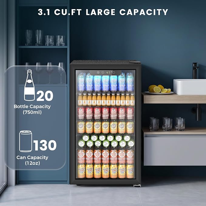 Electactic Mini Fridge 130 Can Beverage Refrigerator Cooler, 3.1 Cu.Ft Drink Fridge for Soda Wine Beer, Adjustable Temperature Control for Home Office, Black