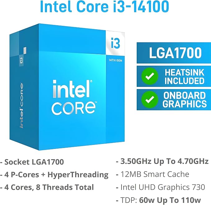 Dell Tower PC 8GB DDR5 RAM, 256GB PCIe SSD, Intel 14th Gen CPU Computer | Dual 4K Display Support for Home and Business, Intel Core i3-14100 (4 cores, 8 threads up to 4.7GHz) HDMI, Windows 11 Pro