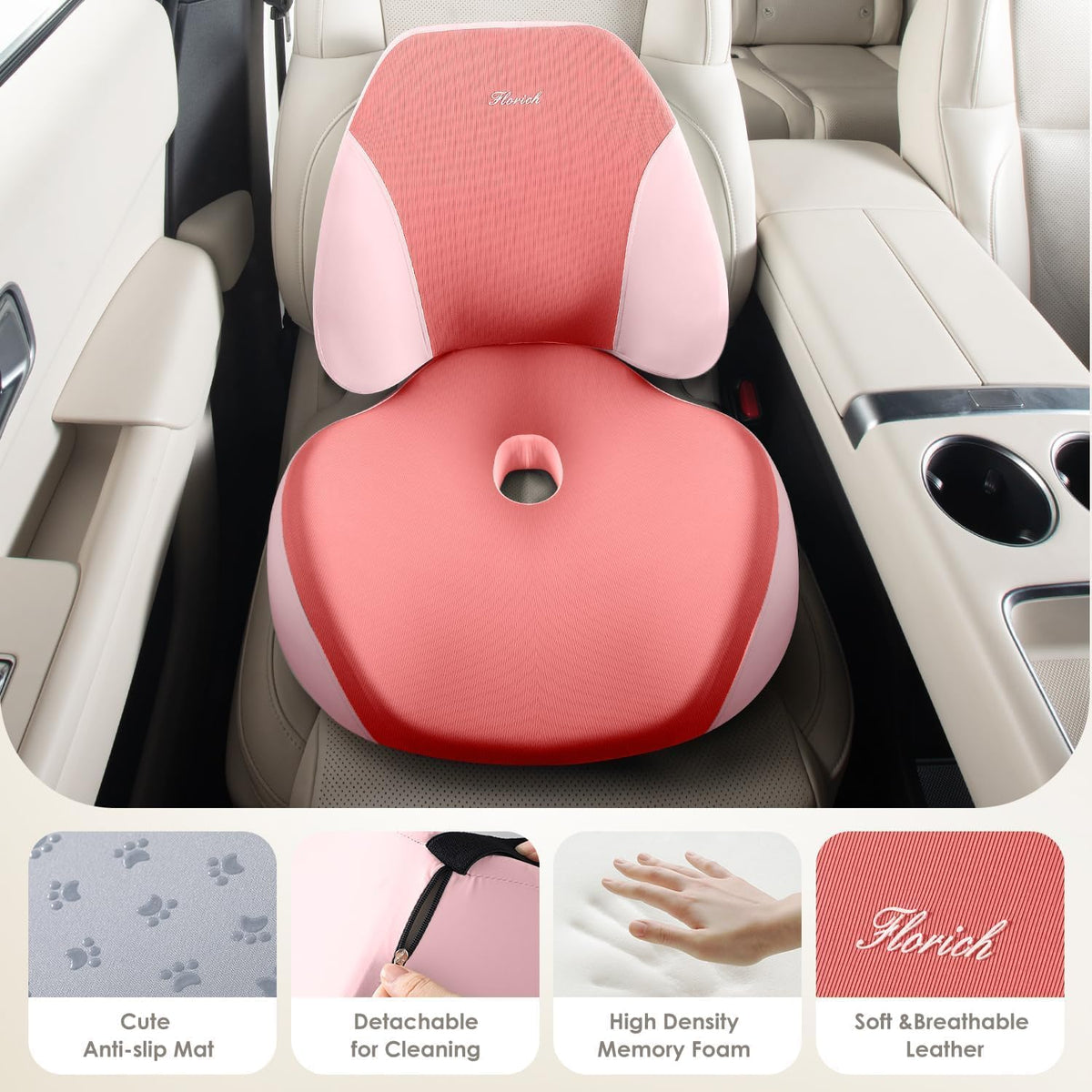 FLORICH Upgraded Ergonomic Memory Foam Car Seat Cushion with Lumbar Support, Non-Slip, Washable Driving Seat Cushion for Back & Sciatica Pain Relief, Large Car Seat Cushion Driver, Office-Pink