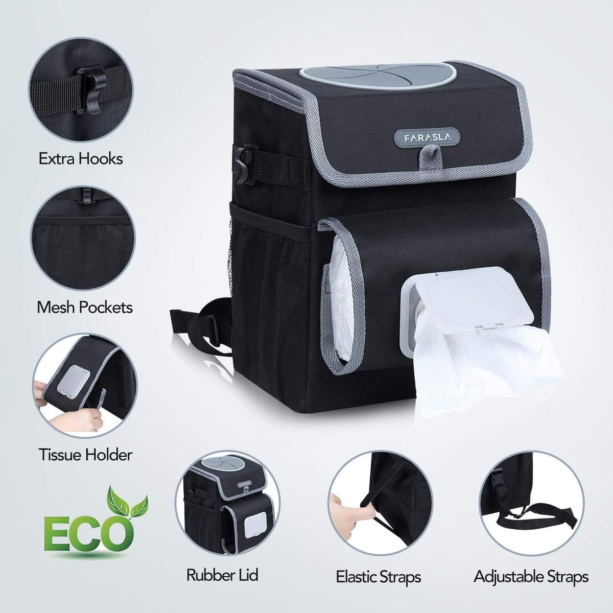 Farasla All-in-One Car Trash Can, Garbage Bag for Car with Removable Leakproof Interior Liner, Adjustable Tissue Holder & Straps(Black)