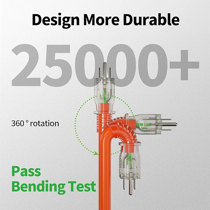 POWGRN 75 ft 12/3 Outdoor Extension Cord Waterproof Heavy Duty with Lighted Indicator End 12 Gauge 3 Prong, Flexible Cold-Resistant Long Power Cord Outside, 15Amp 1875W SJTW Orange ETL Listed