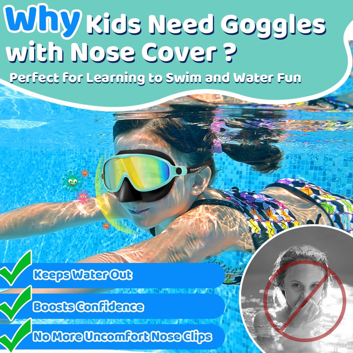 Vvinca Swim Goggles - Anti-Fog Diving Mask with Nose Cover | 2-Pack for Kids Ages 3-15