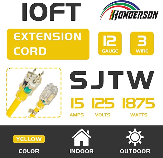Indoor Outdoor Extension Cord Weatherproof with Lighted End, UL Listed, 12 Gauge 10FT Yellow 3 Prong Heavy Duty, 12/3 SJTW 15A Power Cord for Outdoor Lights, Lawn