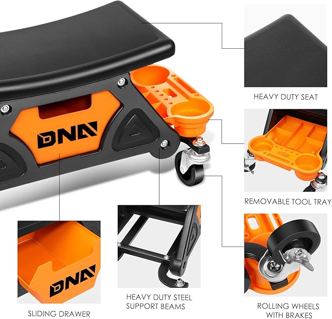 DNA Motoring TOOLS-00189 Mechanic Stool - 25-1/2" x 13" x 12" (L x H x W), Rolling Work Seat w/Lockable Swivel Wheels and Storage Tool Tray