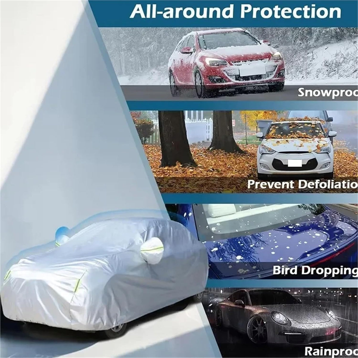 6 Layers Car Cover, 184-196 inch | Waterproof All Weather, Outdoor Full Cover, Rain Sun UV Protection, Zipper Cotton, Universal Fit for Sedan