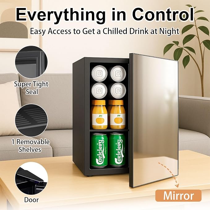 DOGHLY 0.95 Cu.Ft Mini Fridge Mirror Door, 24 Cans Beverage Refrigerator | Beauty Skincare Fridge with Temperature Control, Removable Shelf, Small Makeup Cooler for Bedroom, Dorm, Office
