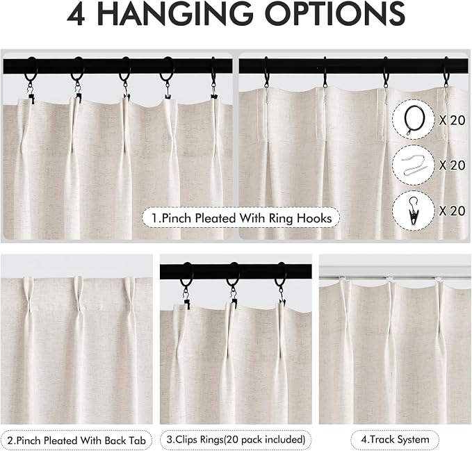 Memory Trained Pinch Pleated Curtains 80 Inches Long, Viral Linen Pinch Pleat