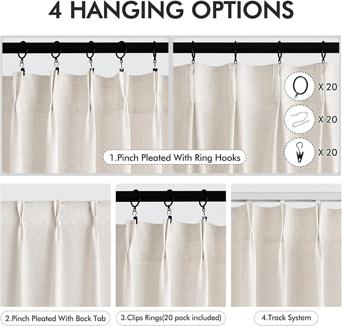 Memory Trained Pinch Pleated Curtains 86 Inches Long, Viral Linen Pinch Pleat