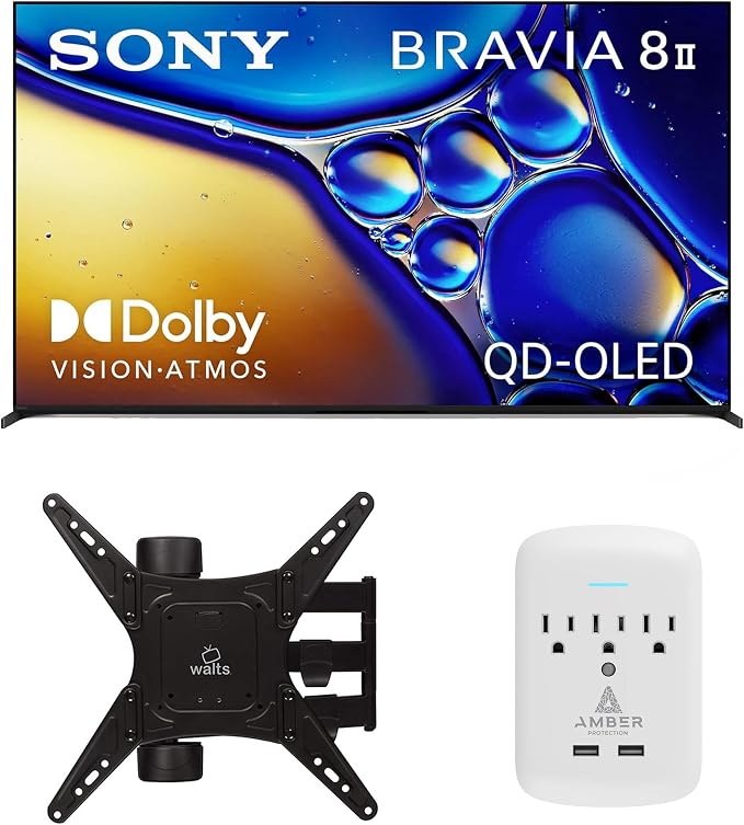 SONY K65XR80M2 65 Inch Bravia 8 QD-OLED 4K HDR Google TV with a Walts Medium Full Motion Mount for 32"-65" TVs and Amber Protection 3-Outlet-Surge Surge Protector (2025)