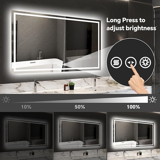 LED Bathroom Mirror 60x40 Inch Anti-Fog Bathroom Mirror with Lights, Wall Mounted Lighted Vanity Mirrors, Dimmable, Backlit + Front Lit, Smart Bathroom Vanity Mirror with 3 Colors Temperature