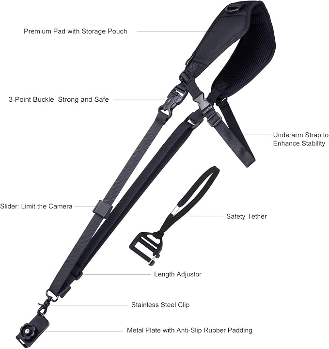 Waka Camera Neck Strap with Quick Release, Safety Tether and Underarm Strap