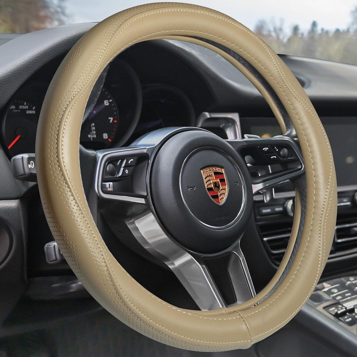 HAOKAY Top Grade Brown Genuine Leather Steering Wheel Cover Men Women, Luxury Steering Wheel Cover for Cars, SUVS and Trucks, Universal 14.5-15 inch