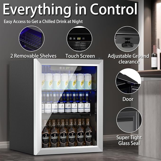 DOGHLY 1.7 Cu.ft Mini Fridge Glass Door, 72 Cans Beverage Refrigerator | Drink Fridge for Soda Beer Wine, Digital Temperature Control, Removable Shelf, Quiet Beverage Cooler for Office, Dorm, Bar
