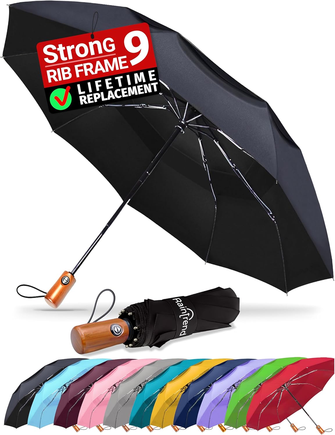 Raintrend Windproof Travel Umbrella - Automatic Open, +10% Bigger Canopy, Compact & Portable for Men & Women